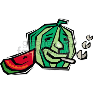 The image is a stylized cartoon of a watermelon. The watermelon is anthropomorphized, meaning it has human-like features, such as a face and it appears to be smoking. There is a slice of watermelon next to it, which also has a face. The caricature of the watermelons gives the image a whimsical or humorous quality. 