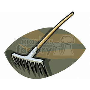 The image depicts a garden rake with a wooden handle. It appears to be resting on a patch of soil, which is likely indicative of a gardening or agricultural setting.