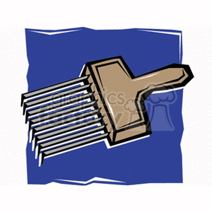 This is a stylized clipart image of a garden rake, which is a tool used in gardening to collect leaves, hay, grass, etc., and to loosen soil, clear old grass from lawns, and similar tasks. It features a solid brown handle and multiple tines.