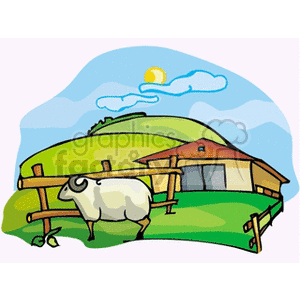 The clipart image depicts a pastoral farm scene. It includes rolling green hills, a country house with a barn, a wooden fence, a white sheep standing in the foreground, and a sunny sky with a few clouds.