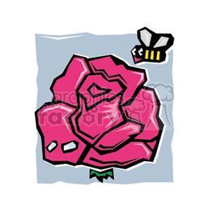 The clipart image features a stylized pink rose with several layers of petals and a small bee with wings and stripes flying towards the upper right corner of the flower. The background appears to be a loosely sketched blue area, suggesting the sky, which contrasts with the rose and the bee.