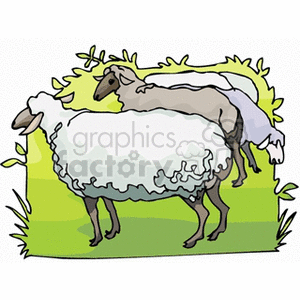 The clipart image shows a cartoon of two sheep in a field. There appears to be an adult ewe and a lamb, both with fluffy white wool. They are standing on a green pasture that could represent a farm setting typically associated with agriculture. The ewe and lamb are illustrated in a simplistic and stylized manner, typical for clipart designed for various applications like educational materials or web graphics.