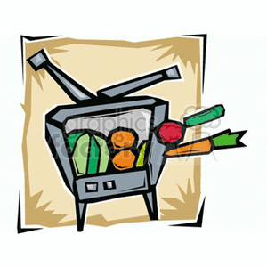The image is a stylized clipart illustration that shows a variety of vegetables, including carrots, placed in a shopping basket. The basket appears to contain at least a couple of carrots, which are easily identifiable by their orange color and green tops, as well as some other round and leafy vegetables which may represent lettuce or cabbages and perhaps tomatoes or radishes due to their red color.