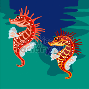 The clipart image shows a cartoon of two seahorses swimming in the ocean. The are both a reddish color, with white fins.