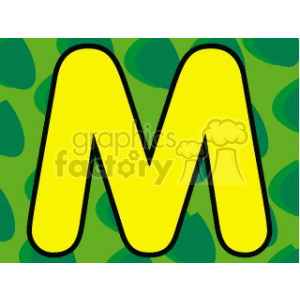 This clipart image features a large, bold letter M in a yellow color with a black outline. The background consists of a pattern of green tones, which may suggest a theme of animal camouflage, like that of a jungle or forest environment.