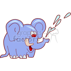 This clipart image shows a cartoon of a baby elephant. The elephant is colored blue with a red heart on its cheek, signifying a cute or affectionate character design. It has a happy expression with an open mouth, as if it is smiling or laughing. The elephant is using its trunk to spray water droplets into the air, which adds a playful feel to the illustration.
