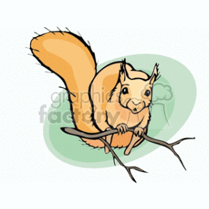 The clipart image depicts a cartoon squirrel. The squirrel is perched on a branch with its tail prominently displayed. It appears to be in a playful or alert pose, with a friendly expression on its face.