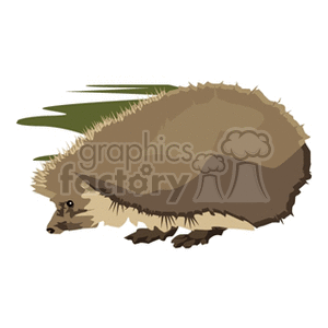 The image is a clipart of a brown hedgehog. The animal is depicted in profile, with its snout pointed towards the ground, possibly in the act of digging or sniffing. The hedgehog's spines are visible on its back, tapering into its rear. There is a suggestion of greenery, possibly grass, behind the hedgehog.