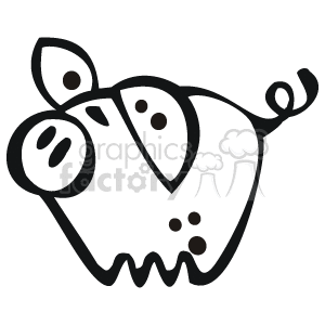 This image shows a pig in a line art drawing. The pig has a curly tail and a few black spots on it. It has 2 large nostrils on its snout 