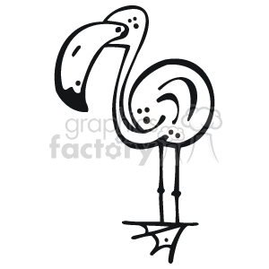 The clipart image shows a line art drawing of a flamingo, standing on both legs with its wings closed, and its beak pointed downwards.
