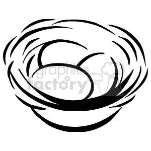 The clipart image shows what a simple line drawing of a nest with a 3 eggs inside it. The lines are sketched in a loose and somewhat abstract way, suggesting the texture and shape of the nest without detailed realism. 