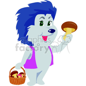  The clipart image depicts a cartoon bear with blue hair and a purple top, standing upright like a human and holding a mushroom in one paw. The bear also carries a small basket filled with mushrooms in the other paw. The expression on the bear