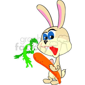 The clipart image features a cartoon rabbit (bunny) holding and presumably eating a large orange carrot. The rabbit is a stylized, anthropomorphic character with prominent blue eyes, large front teeth, and stands on its hind legs. The carrot has green tops, indicating it's been freshly picked.