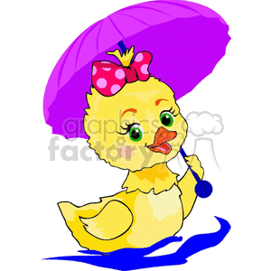 Colorful duckling with a purple umbrella