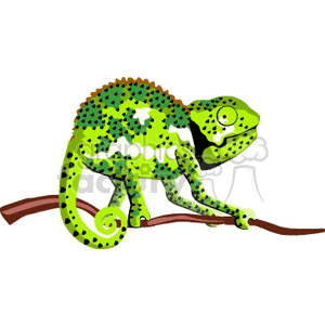 The image contains a colorful chameleon sitting on a branch. The chameleon is depicted in a stylized form with bright green hues and various shades of green spots and patterns on its body.
