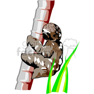 The clipart image features an illustration of a three-toed sloth clinging to a tree trunk. There are also a few green leaves or grass blades visible at the bottom part of the image.