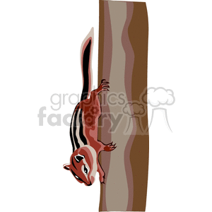 This clipart image depicts a stylized representation of a chipmunk climbing a tree. The chipmunk has characteristic stripes on its back and appears to be clinging to the trunk of the tree with its feet and one hand, while the other hand is outstretched above.