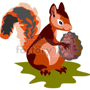 The clipart image depicts a stylized cartoon squirrel sitting on a green patch, possibly grass. The squirrel has a prominent bushy tail with stripes, and it's holding a large brown pine cone with both hands.