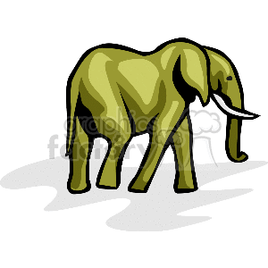 The image is a cartoon of an elephant with long legs and tusks, with a swaying shadow on the ground. The elephant is facing to the right, and its trunk is extended. The elephant has large ears and its body is a light green color. The legs are long and thick, and the tusks are curved.