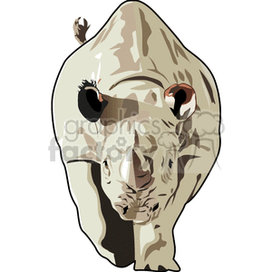 The image is a stylized clipart representation of a rhinoceros. It features the head of a rhino, rendered with simplified colors and shapes to create a graphic design. The rhino's ears, eyes, horns, and some texture details on the skin are depicted in this forward-facing view. The image does not include a background, making it suitable for various uses where just the animal's likeness is required.