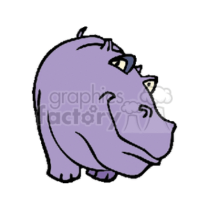 The image features a simple cartoon-style drawing of a smiling purple hippopotamus (hippo). The hippo is facing left with a visible smile and seems in a cheerful demeanor.