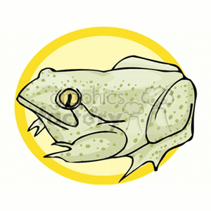 The image is a simple clipart illustration of a frog. You can see the frog's prominent eyes, limbs, and spotted skin texture, capturing the distinctive features of amphibians. The frog is depicted in a side profile view against a yellow circle background.