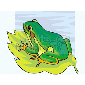 The image features a stylized cartoon of a green frog perched on a yellow leaf, possibly floating on water given the blue wavy lines in the background that suggest a water environment. This clipart represents a common depiction of frogs which are amphibious animals known for their ability to live both in water and on land.