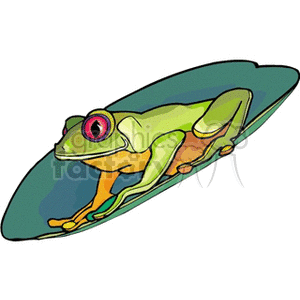 The clipart image features a stylized cartoon frog with red eyes, positioned on what appears to be a green leaf. The frog is rendered in bright colors, with visible outlines accentuating its form.