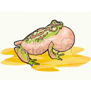 The image is a colorful clipart illustration of a frog with its throat pouch expanded, possibly in the act of croaking. The frog is illustrated in a simplified style with visible strokes and colors denoting its texture and patterns. It is positioned on what appears to be a surface with a yellow hue, possibly representing a lily pad or another surface commonly associated with frogs.