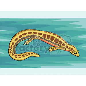 The clipart image features a stylized yellow and brown spotted lizard swimming in water. The image captures the motion of swimming as indicated by the wavy lines representing water.