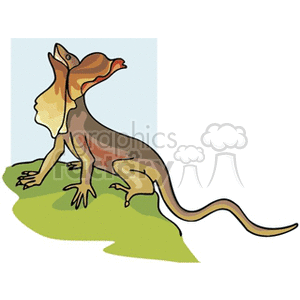 The clipart image depicts a stylized lizard with an elaborate frill around its neck, which is characteristic of a frilled lizard, also known as a frilled dragon. The lizard has its frill expanded, which they do in real life to ward off predators or during courtship displays. The lizard appears to be standing on its hind legs on a small patch of green, which is behavior that frilled lizards sometimes exhibit when they are alarmed or moving quickly.