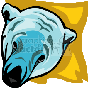 This image depicts a close-up of sad looking polar bear's head. It has a yellow background behind it