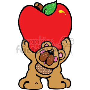 A cartoon bear is holding a large red apple in its hands. The bear has a brown face, black eyes, and a large black nose. The bear seems to be themed for a teacher or school setting.