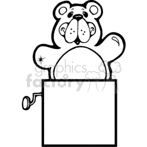 A black and white clipart of a teddy bear jack-in-the-box