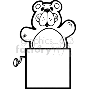 The clipart image depicts a black and white line art clipart of a teddy bear in a country style Jack-in-the-box toy. The bear is shown peeking out of the box, with a cute cartoon expression on its face.
