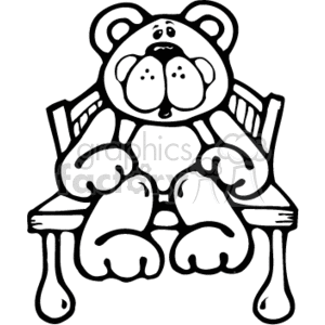 The clipart image shows a black and white line art cartoon of a cute teddy bear sitting on a country-style bench.
