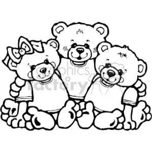 The clipart image shows a family of three teddy bears, one big and two small, in a country style. The bears are standing together, with the big bear holding a smaller bear in each arm. The image is in black and white line art style, resembling a cartoon.
