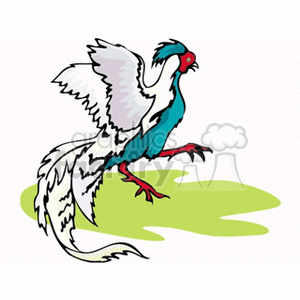A colorful clipart image of a bird with white and blue feathers, a long tail, and red feet standing on a green patch.