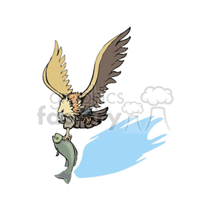 A clipart image showing an eagle with brown and tan feathers soaring with a fish in its talons. The bird is captured mid-flight, casting a shadow on the ground.
