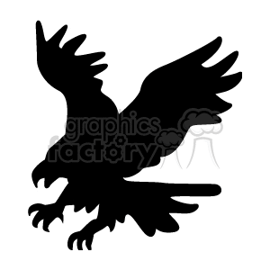 This is a silhouette clipart image of a flying eagle with outstretched wings and sharp talons.