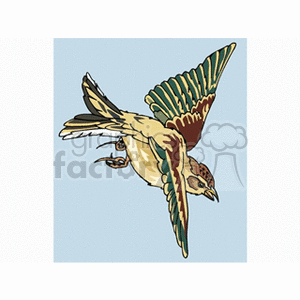 A clipart image of a bird in flight against a light blue background. The bird has detailed, colorful feathers with shades of brown, green, and yellow.