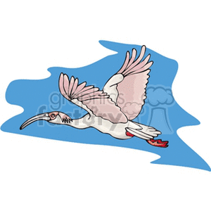 Clipart image of a pink bird with a long beak flying against a blue sky background.