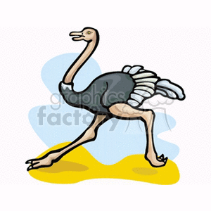 A cartoon-style illustration of an ostrich standing on a yellow ground patch with a blue background.