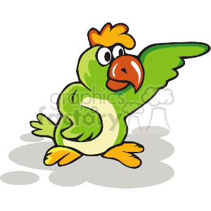 This is a clipart image of a cartoon parrot with a green body, yellow feet, an orange beak, and an expressive face. The parrot appears to be pointing with its wing.