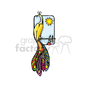 Colorful clipart of a bird with vibrant feathers perched on a branch under a sunny sky.