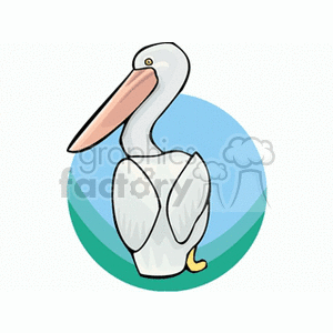 A clipart image of a pelican with a large beak, set against a circular background that features shades of blue and green.
