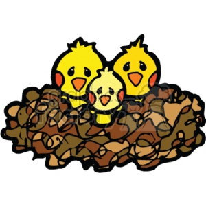   The clipart image illustrates three cute, baby chicks that are yellow in color. They are situated together in a brown nest that