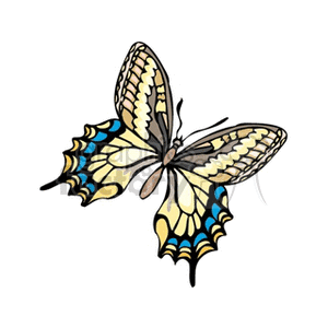 This clipart image features a single butterfly with intricate wing patterns in colors that include shades of yellow, blue, and black.