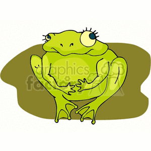 The image is a cartoon clipart of a green frog. The frog is depicted with exaggerated features such as big, bulging eyes and a wide, content smile. It's stylized in a simple, child-friendly manner with a basic color scheme.