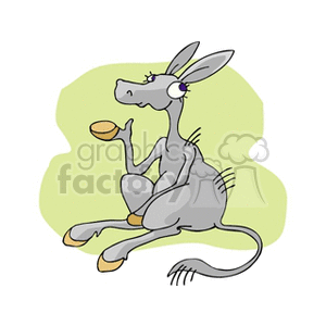 The clipart image depicts a cartoon donkey sitting down with a spoon in its mouth. The donkey has a whimsical expression, with one eyebrow raised and large eyes, adding a humorous or playful tone to the image.